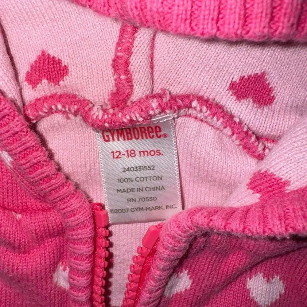 GYMBOREE Pink Heart Knit Jacket Girls 12-18 Months Sweater Hooded Full Zip Fall